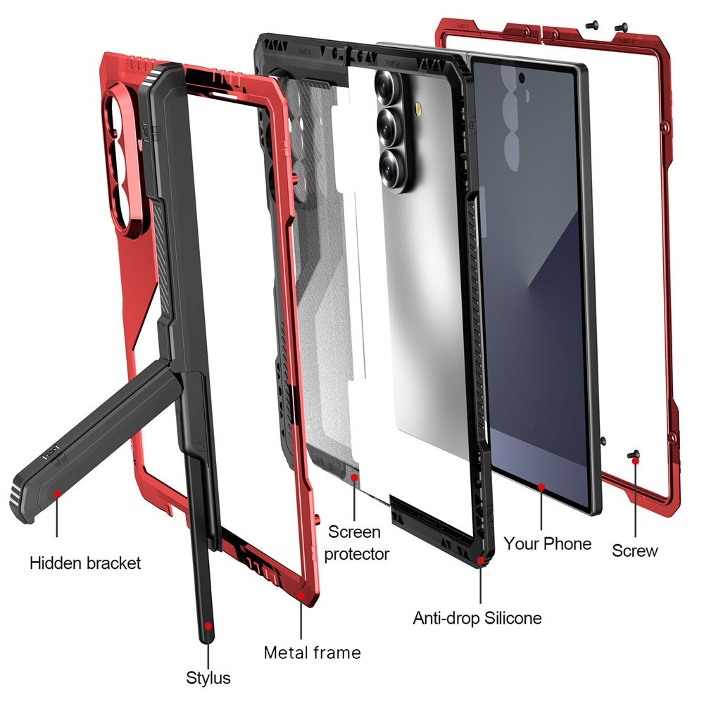 For Samsung Galaxy Z Fold7 5G Case Aluminium Alloy + Silicone Kickstand Cover with PET Screen Film - Red