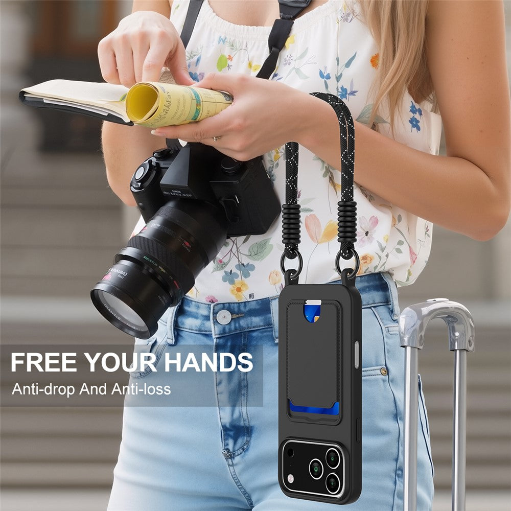 For iPhone 17 Pro Max Case Liquid Silicone Card Holder Phone Back Cover with Wrist Strap - Black