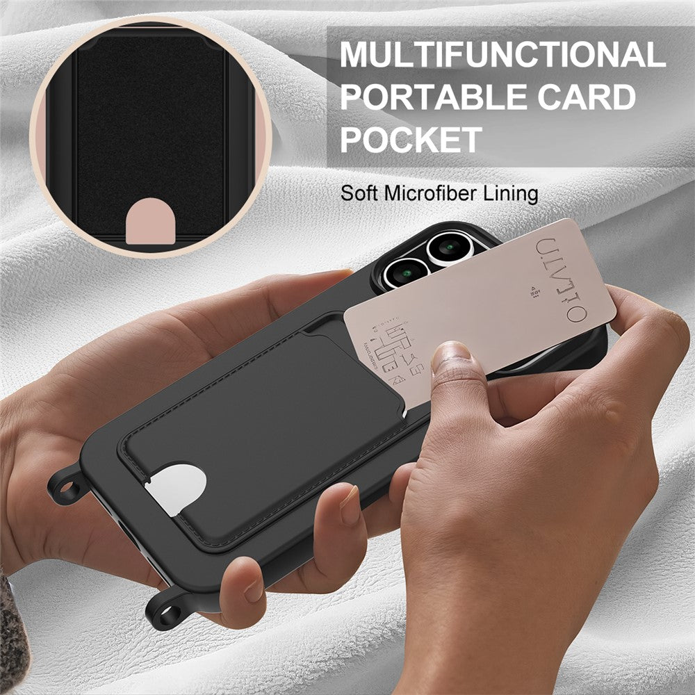 For iPhone 17 Pro Max Case Liquid Silicone Card Holder Phone Back Cover with Wrist Strap - Black