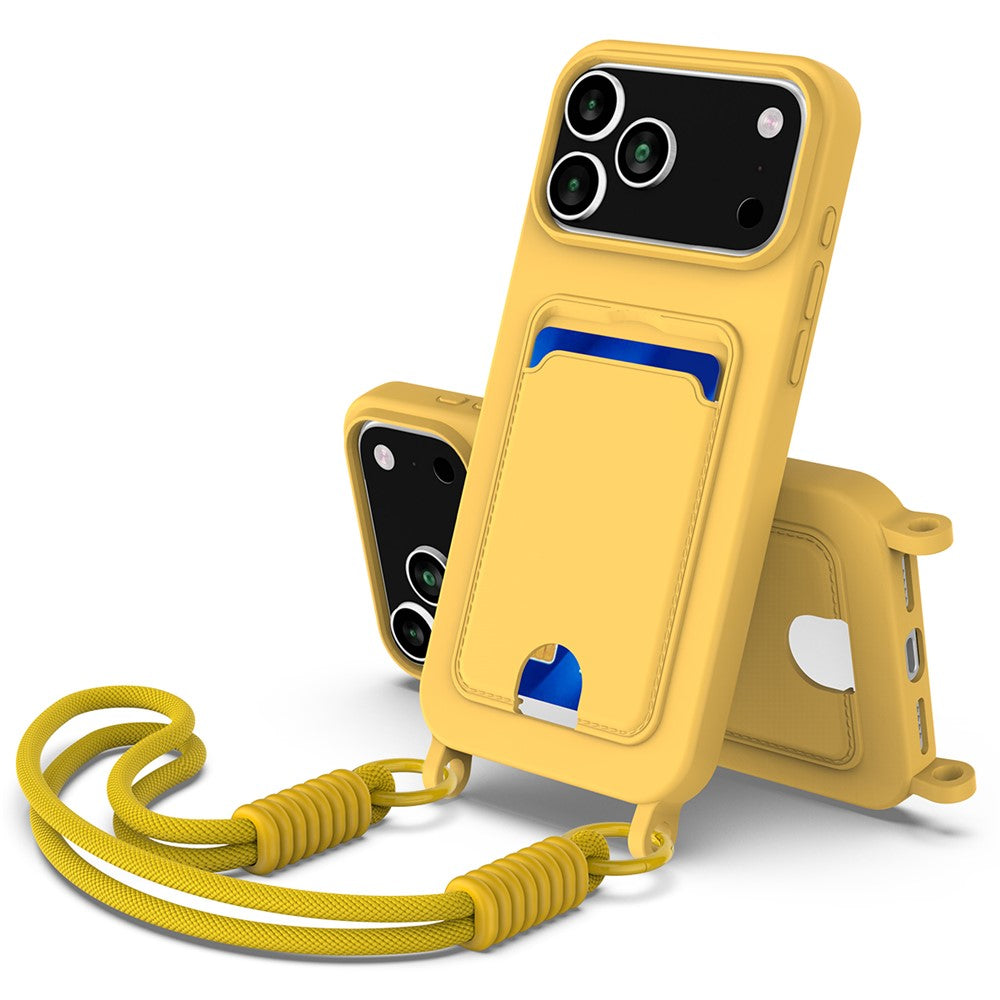 For iPhone 17 Pro Max Case Liquid Silicone Card Holder Phone Back Cover with Wrist Strap - Yellow