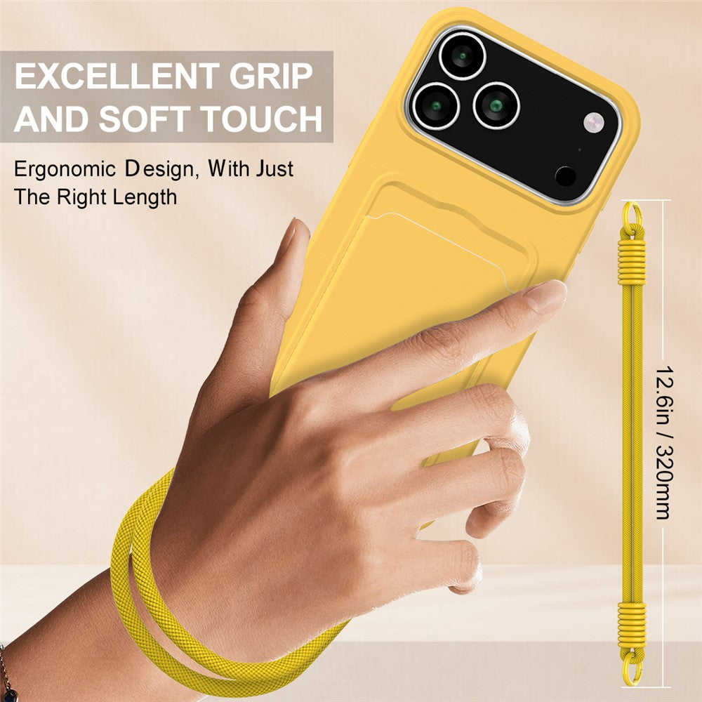 For iPhone 17 Pro Max Case Liquid Silicone Card Holder Phone Back Cover with Wrist Strap - Yellow