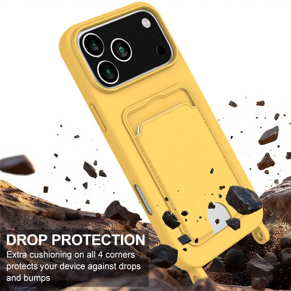 For iPhone 17 Pro Max Case Liquid Silicone Card Holder Phone Back Cover with Wrist Strap - Yellow