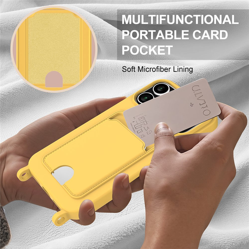 For iPhone 17 Pro Max Case Liquid Silicone Card Holder Phone Back Cover with Wrist Strap - Yellow