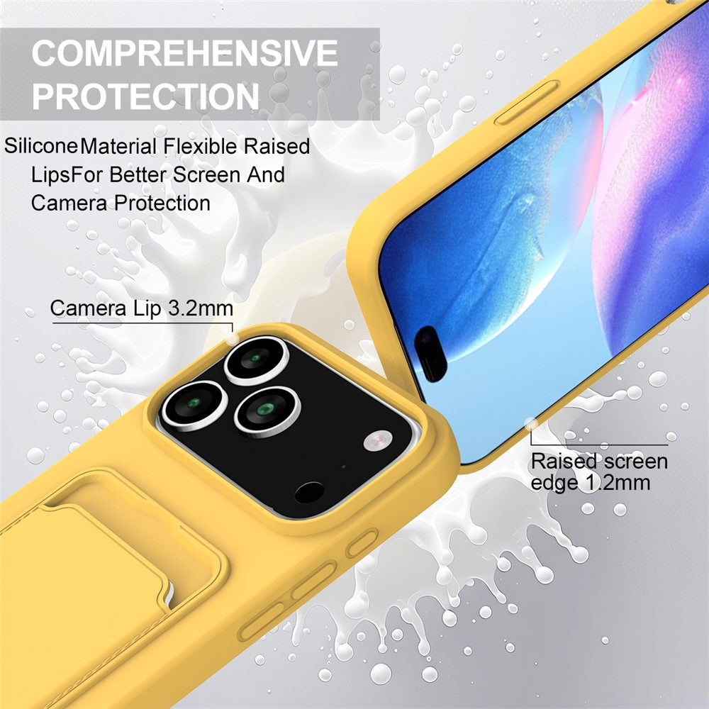 For iPhone 17 Pro Max Case Liquid Silicone Card Holder Phone Back Cover with Wrist Strap - Yellow