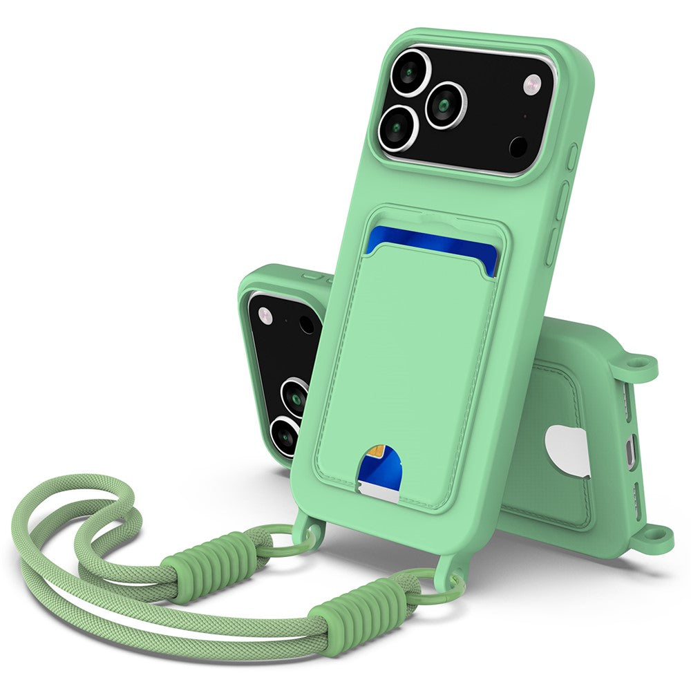 For iPhone 17 Pro Max Case Liquid Silicone Card Holder Phone Back Cover with Wrist Strap - Green