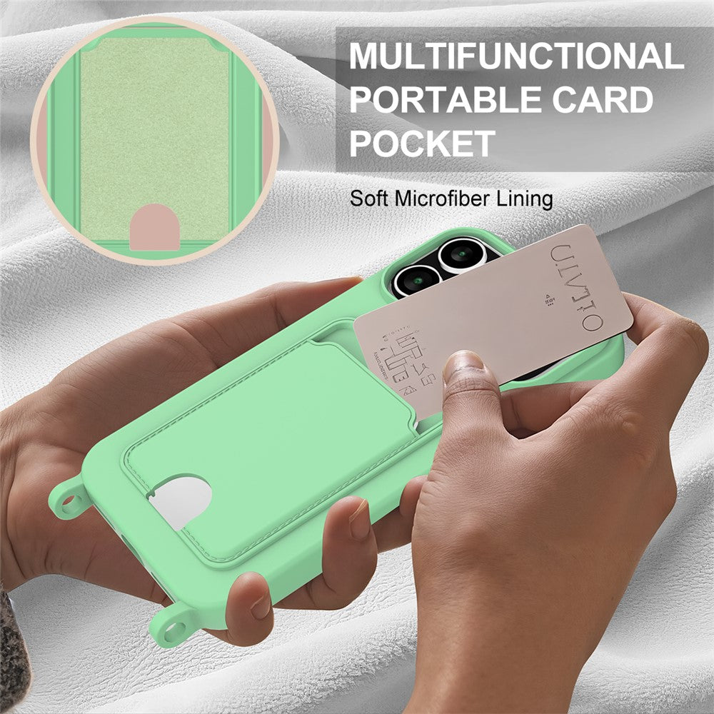 For iPhone 17 Pro Max Case Liquid Silicone Card Holder Phone Back Cover with Wrist Strap - Green