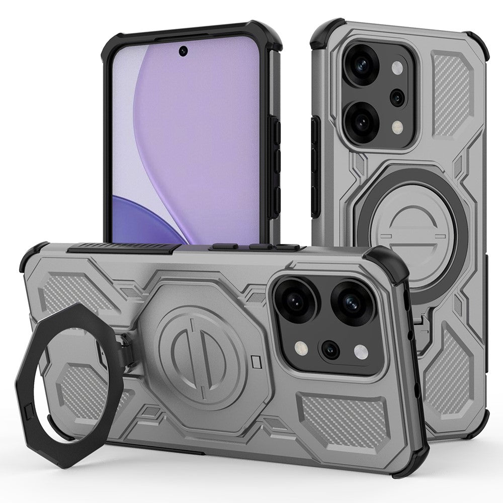 For Oppo Reno14 Pro 5G (Global) Magnetic Case Rotating Metal Kickstand PC + TPU Phone Back Cover - Grey