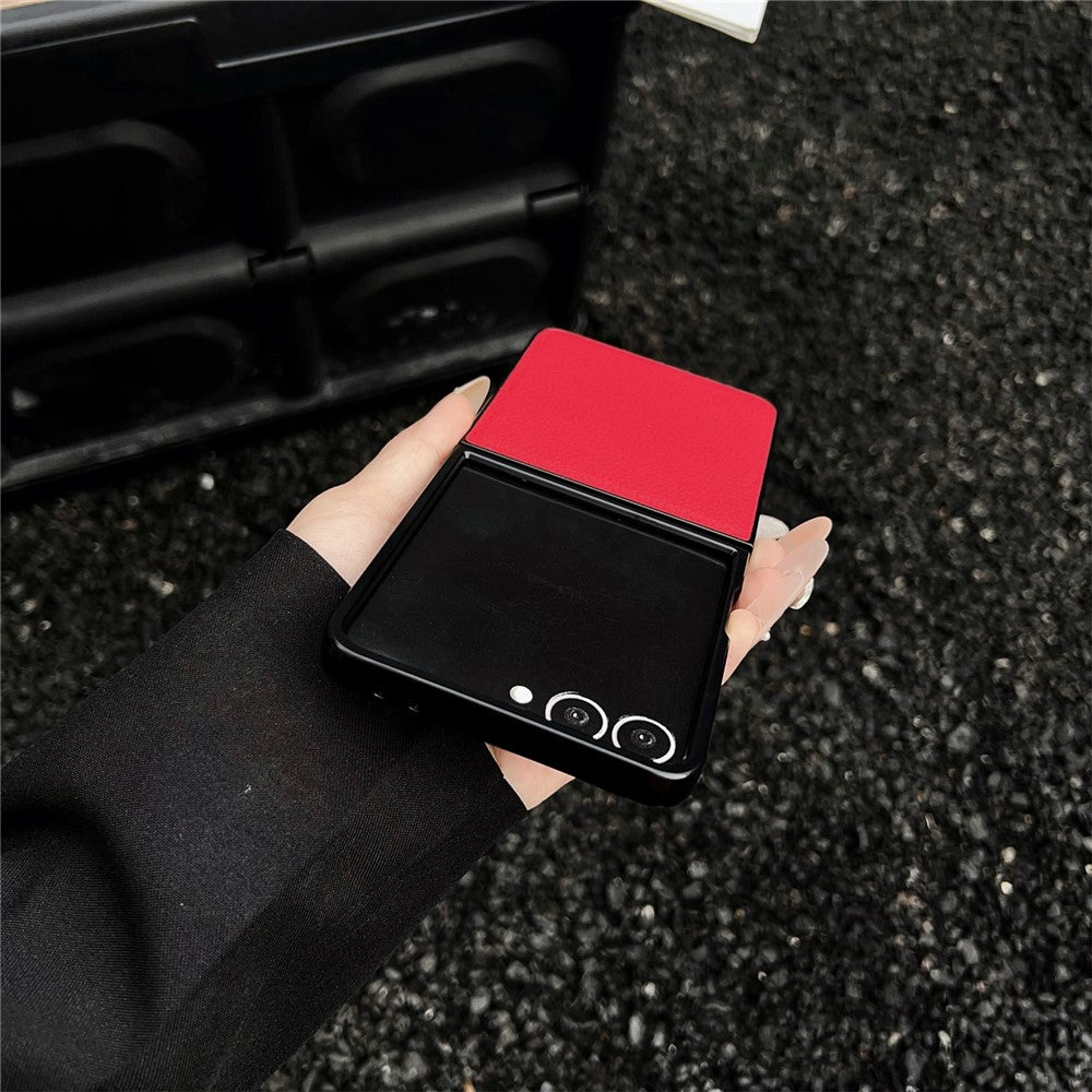 For Samsung Galaxy Z Flip7 5G Case Litchi Texture PU Leather + PC Foldable Phone Cover - Black