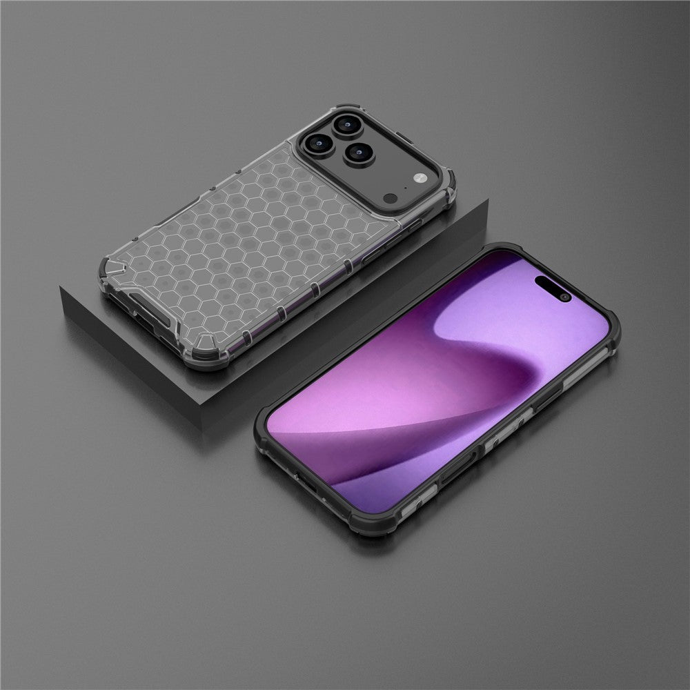 For iPhone 17 Pro Max Case Honeycomb Shape Shockproof PC + TPU Phone Cover - Black