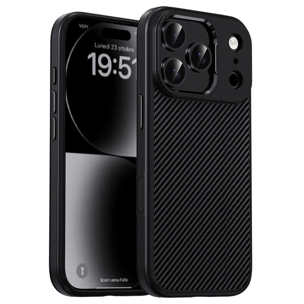 IPAKY For iPhone 17 Pro Max TPU Case Carbon Fiber Texture Phone Cover Metal Lens Frame - Black