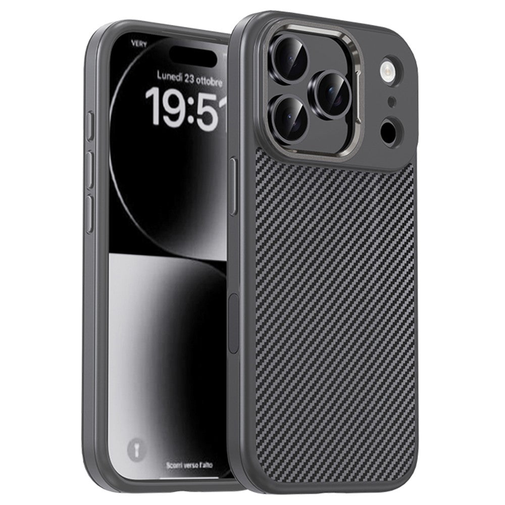 IPAKY For iPhone 17 Pro Max TPU Case Carbon Fiber Texture Phone Cover Metal Lens Frame - Grey