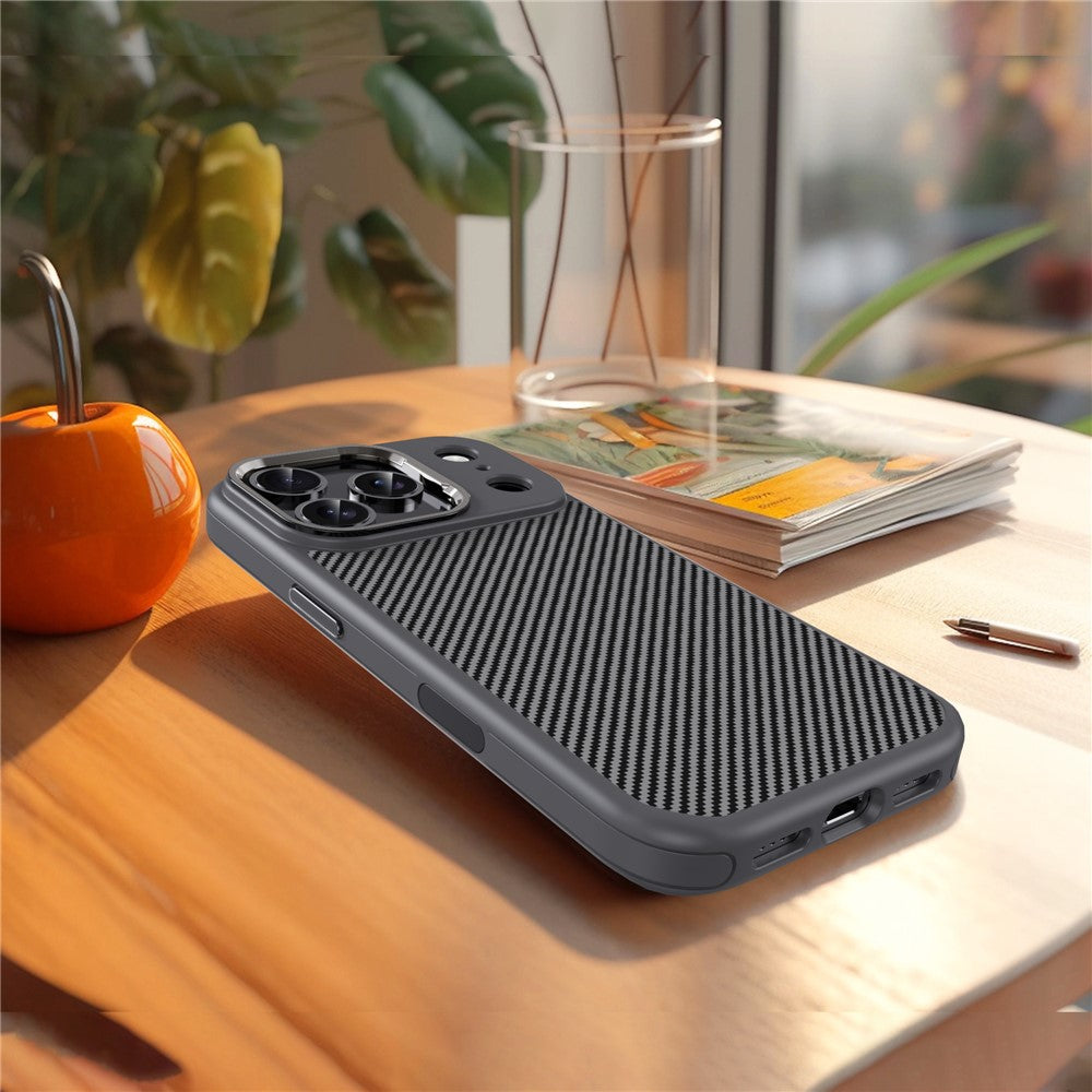 IPAKY For iPhone 17 Pro Max TPU Case Carbon Fiber Texture Phone Cover Metal Lens Frame - Grey