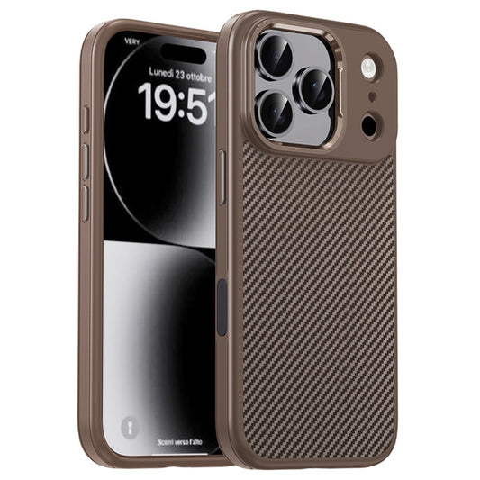 IPAKY For iPhone 17 Pro Max TPU Case Carbon Fiber Texture Phone Cover Metal Lens Frame - Desert Gold