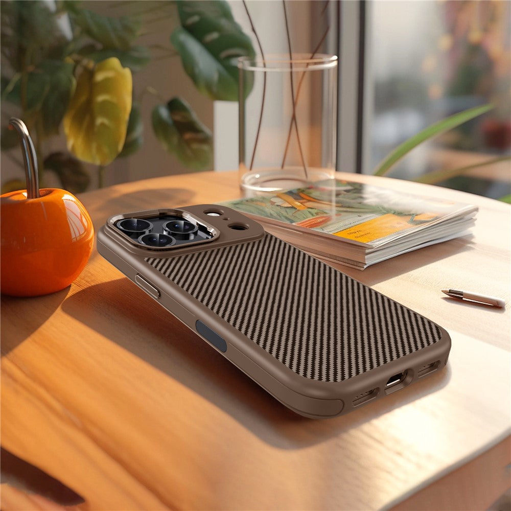 IPAKY For iPhone 17 Pro Max TPU Case Carbon Fiber Texture Phone Cover Metal Lens Frame - Desert Gold
