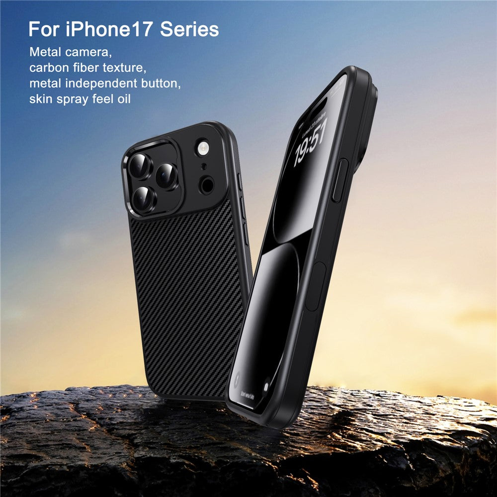 IPAKY For iPhone 17 Pro Max TPU Case Carbon Fiber Texture Phone Cover Metal Lens Frame - Desert Gold
