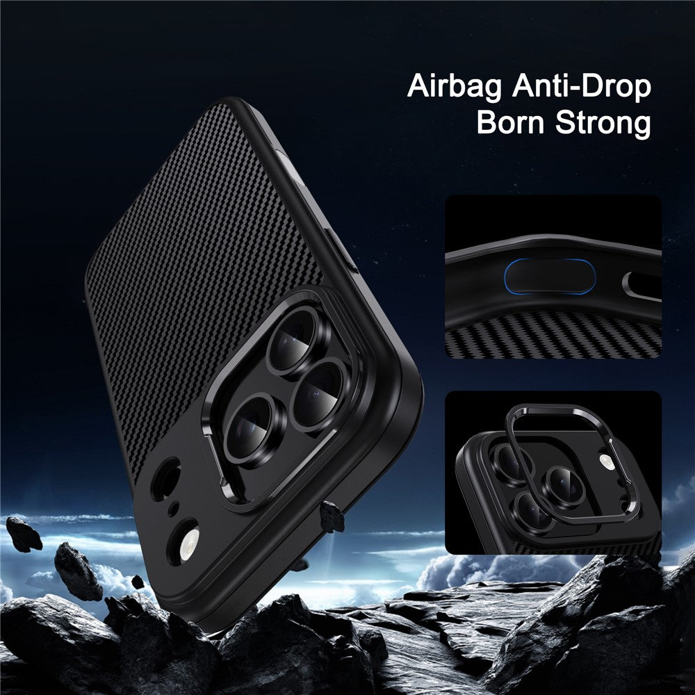 IPAKY For iPhone 17 Pro Max TPU Case Carbon Fiber Texture Phone Cover Metal Lens Frame - Desert Gold