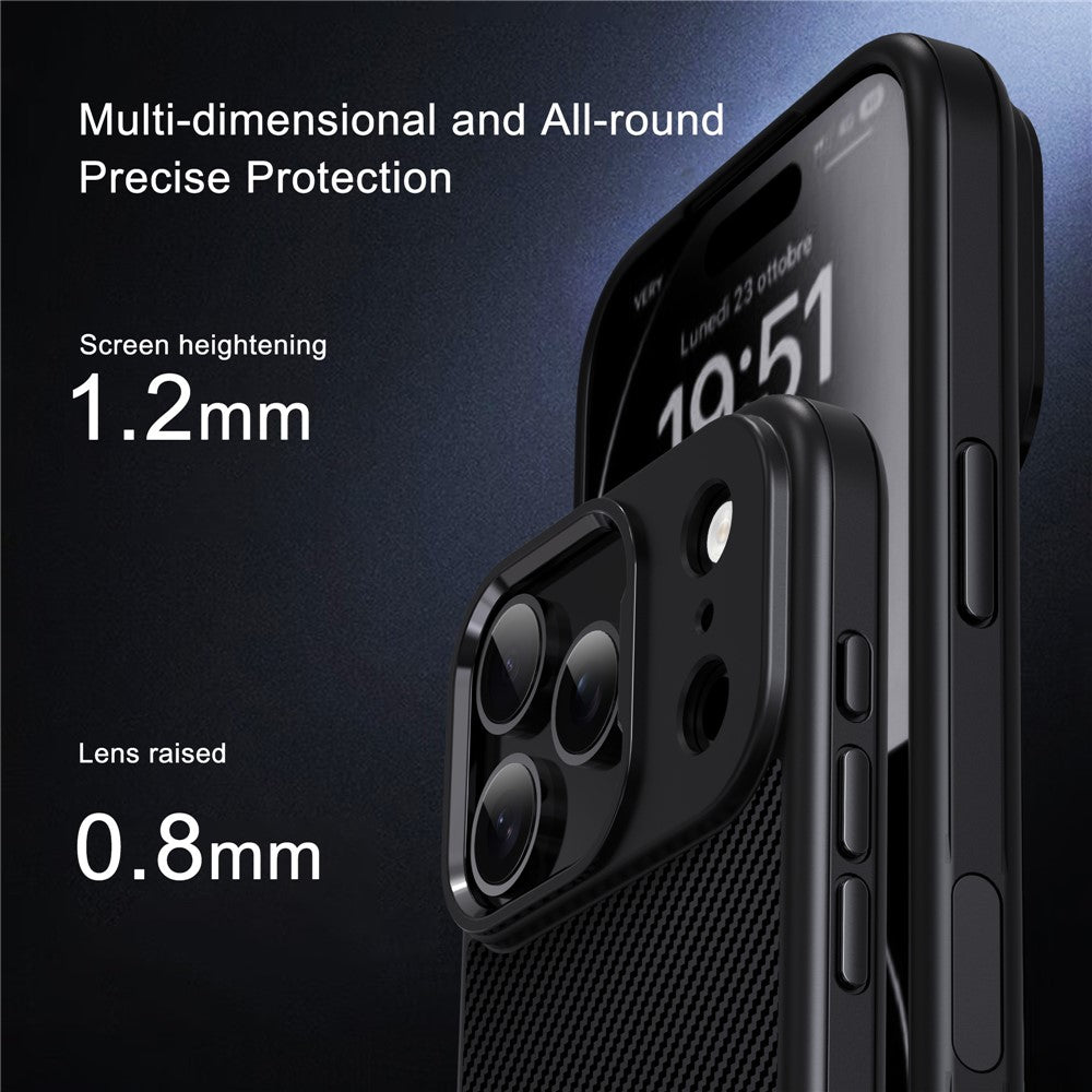 IPAKY For iPhone 17 Pro Max TPU Case Carbon Fiber Texture Phone Cover Metal Lens Frame - Desert Gold
