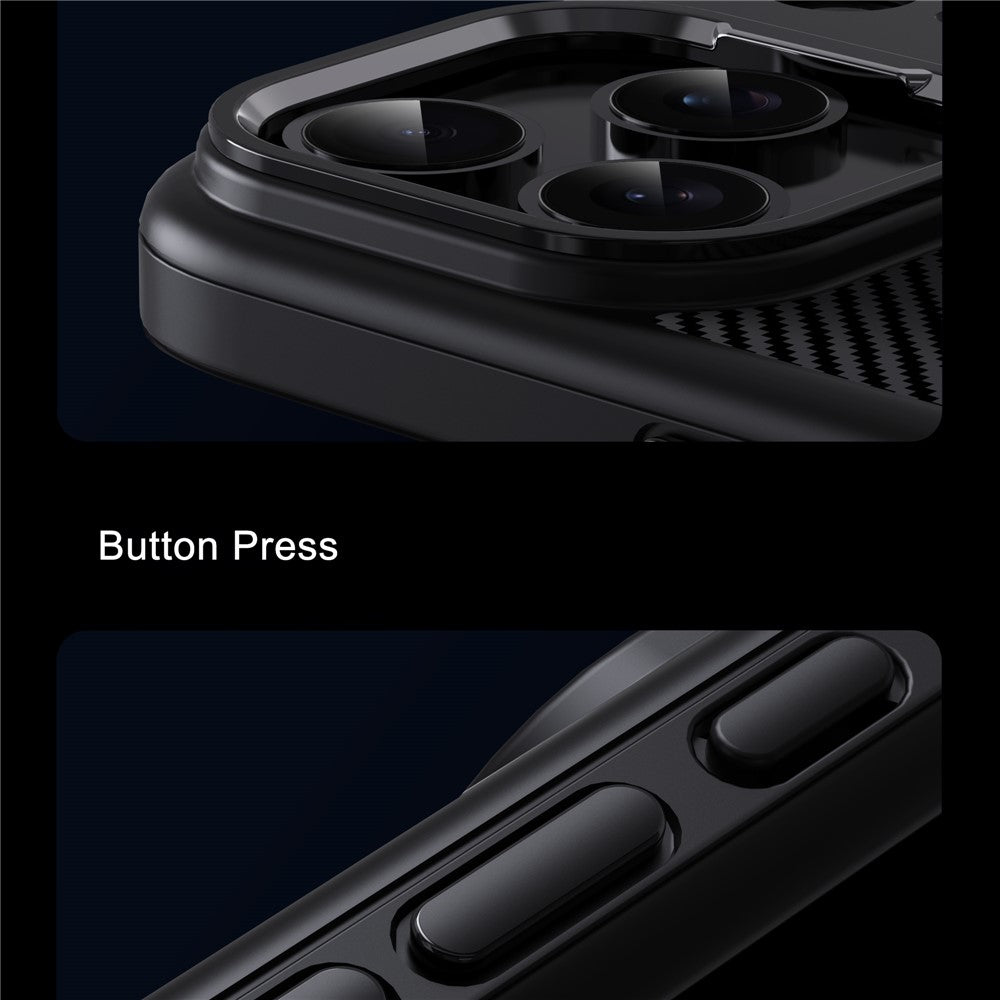 IPAKY For iPhone 17 Pro Max TPU Case Carbon Fiber Texture Phone Cover Metal Lens Frame - Desert Gold