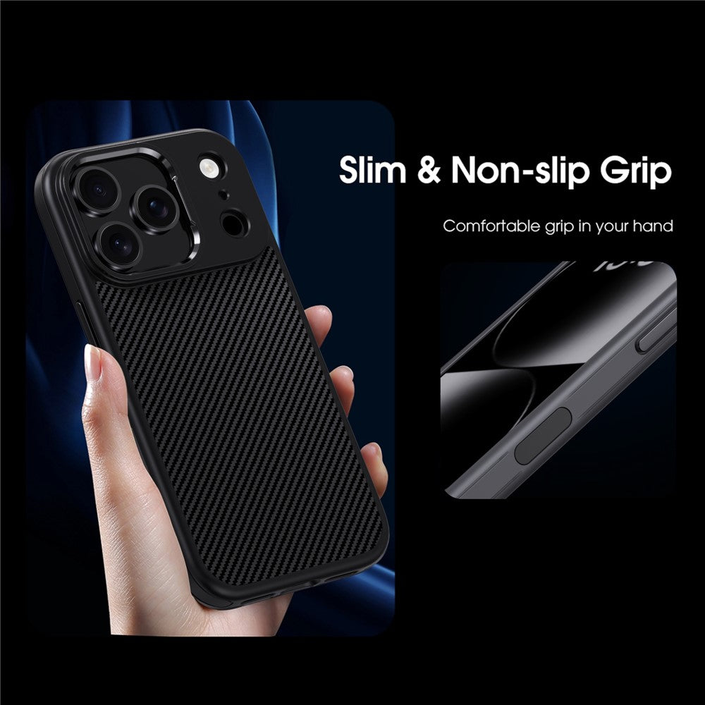 IPAKY For iPhone 17 Pro Max TPU Case Carbon Fiber Texture Phone Cover Metal Lens Frame - Desert Gold