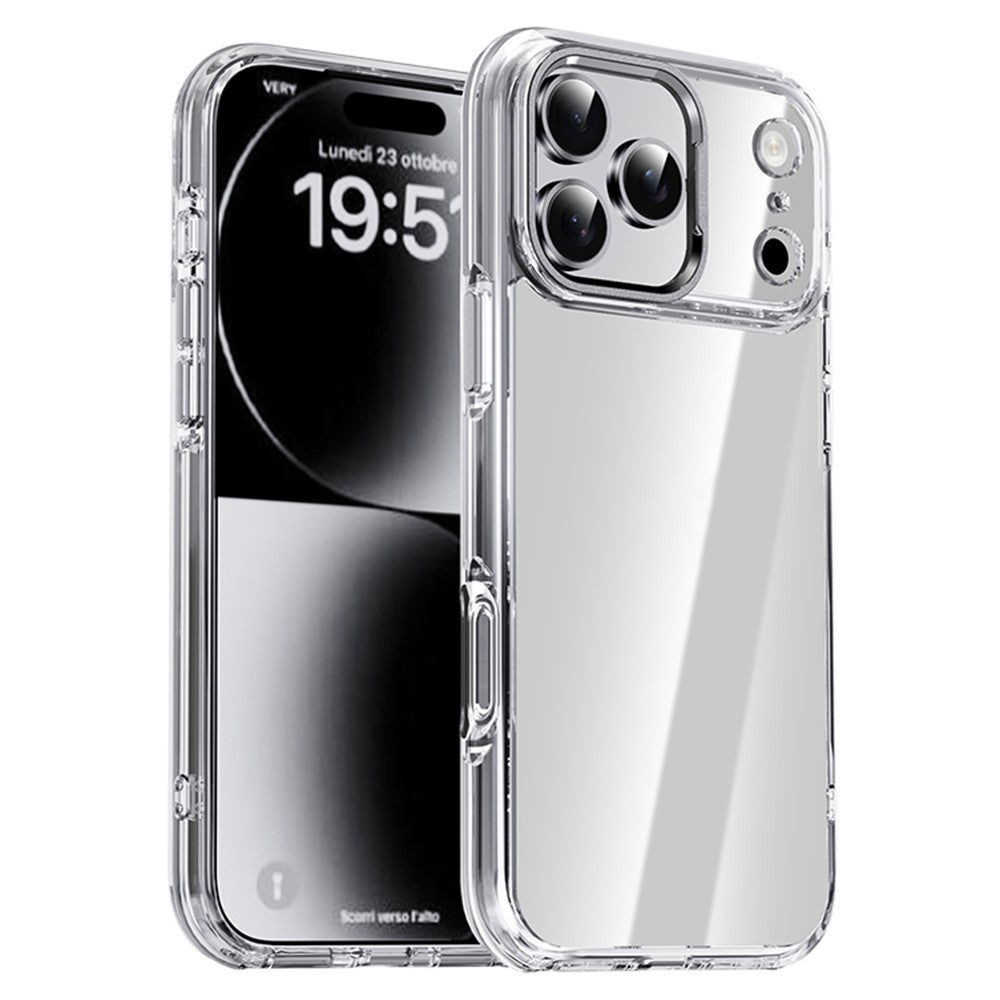 IPAKY For iPhone 17 Pro Max Clear Case Metal Lens Frame Shockproof TPU Phone Cover - Silver