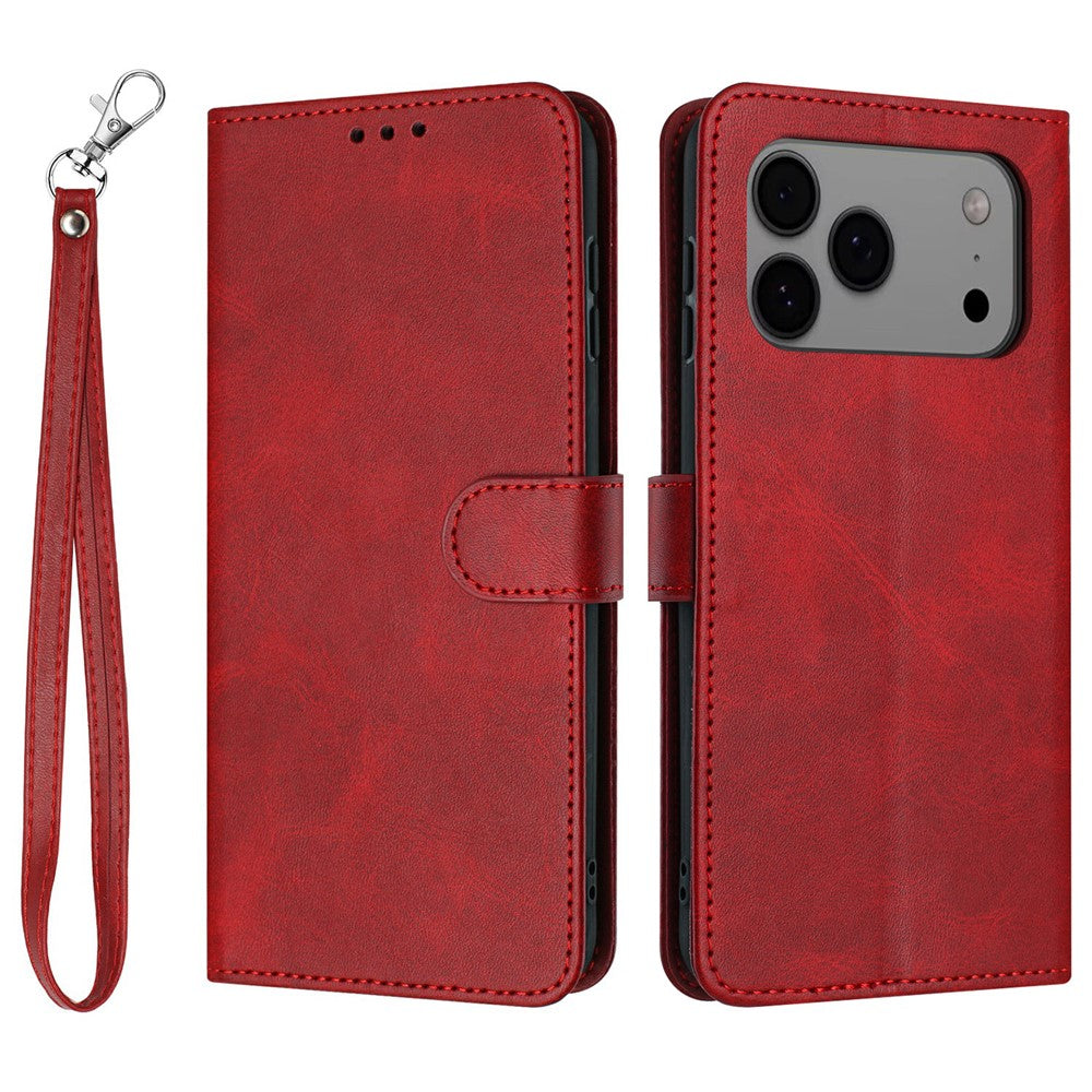 For iPhone 17 Pro Max Case Flip Stand Calf Texture PU Leather Wallet Phone Cover with Strap - Red