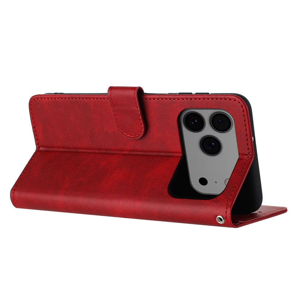 For iPhone 17 Pro Max Case Flip Stand Calf Texture PU Leather Wallet Phone Cover with Strap - Red