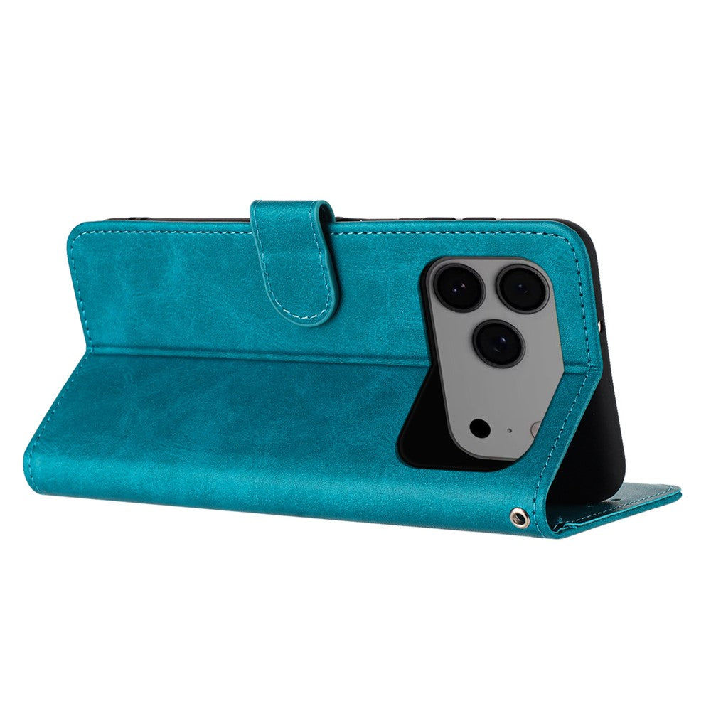 For iPhone 17 Pro Max Case Flip Stand Calf Texture PU Leather Wallet Phone Cover with Strap - Green