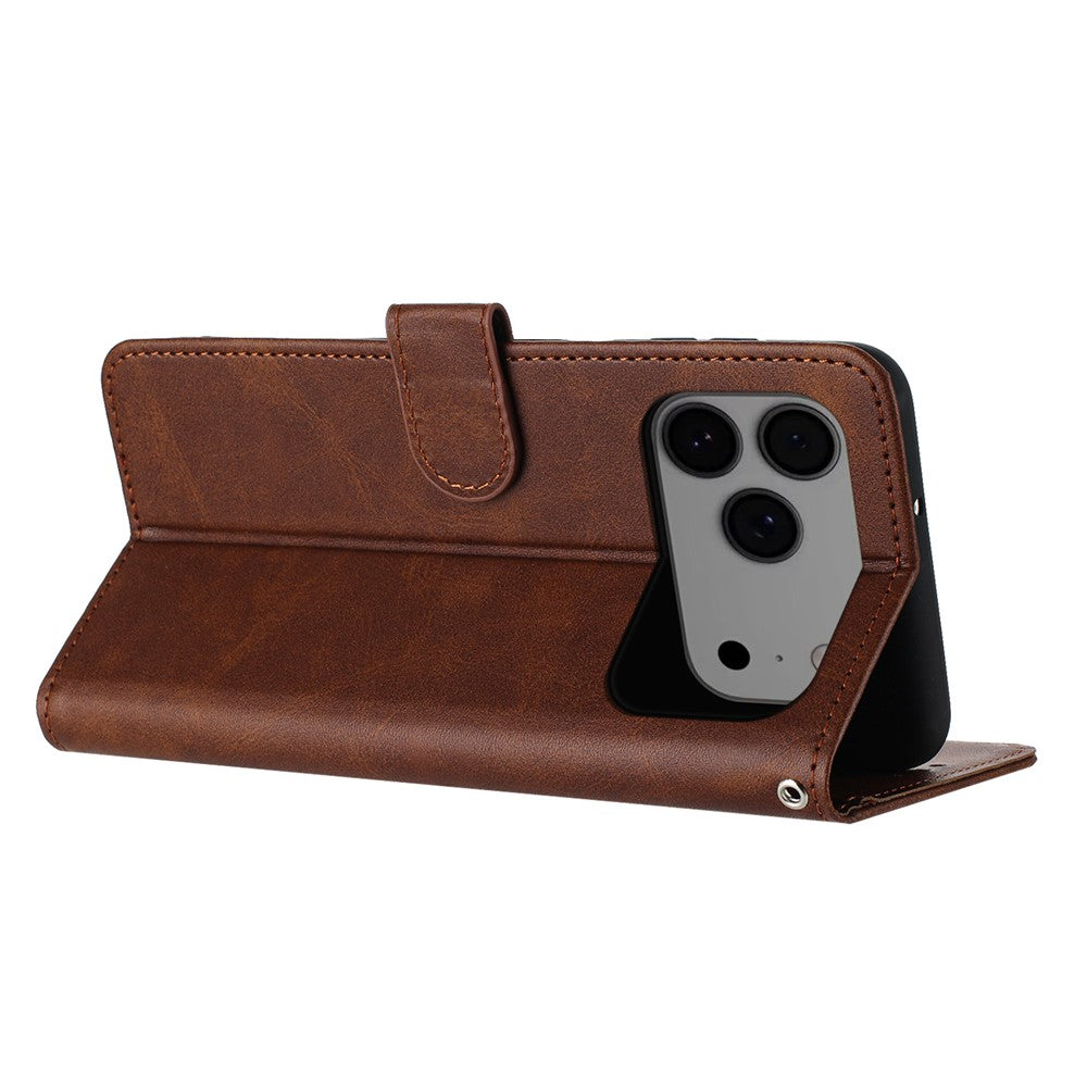For iPhone 17 Pro Max Case Flip Stand Calf Texture PU Leather Wallet Phone Cover with Strap - Brown