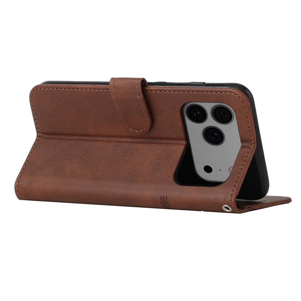 For iPhone 17 Pro Max Leather Phone Case Foldable Stand Wallet Flip Cover with Strap - Brown