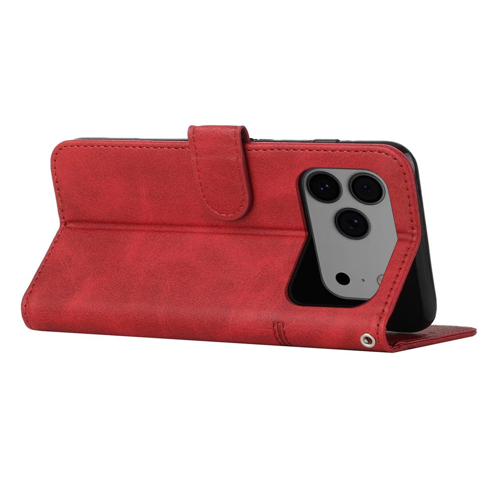 For iPhone 17 Pro Max Leather Phone Case Foldable Stand Wallet Flip Cover with Strap - Red