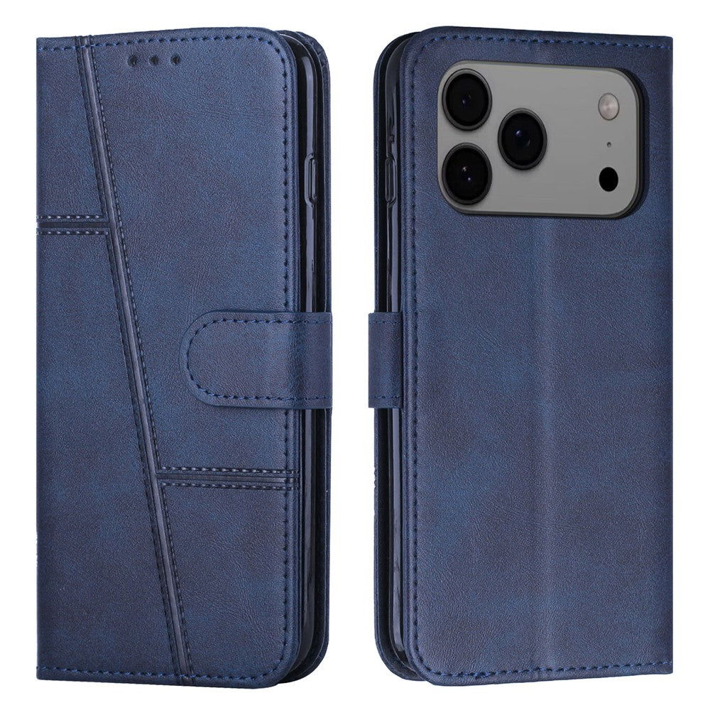 For iPhone 17 Pro Max Leather Phone Case Foldable Stand Wallet Flip Cover with Strap - Blue