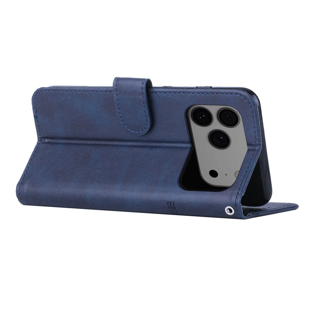 For iPhone 17 Pro Max Leather Phone Case Foldable Stand Wallet Flip Cover with Strap - Blue