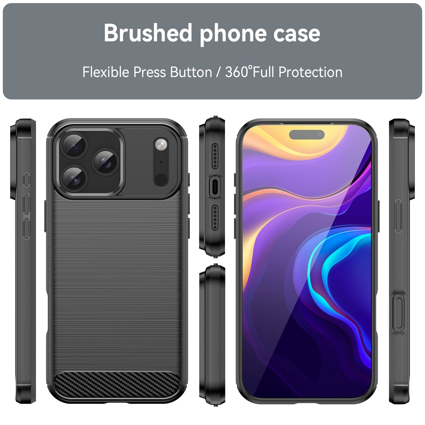 For iPhone 17 Pro Max Case with Tempered Glass WANLONFENG LS Series Brushed Texture TPU Phone Cover - Black