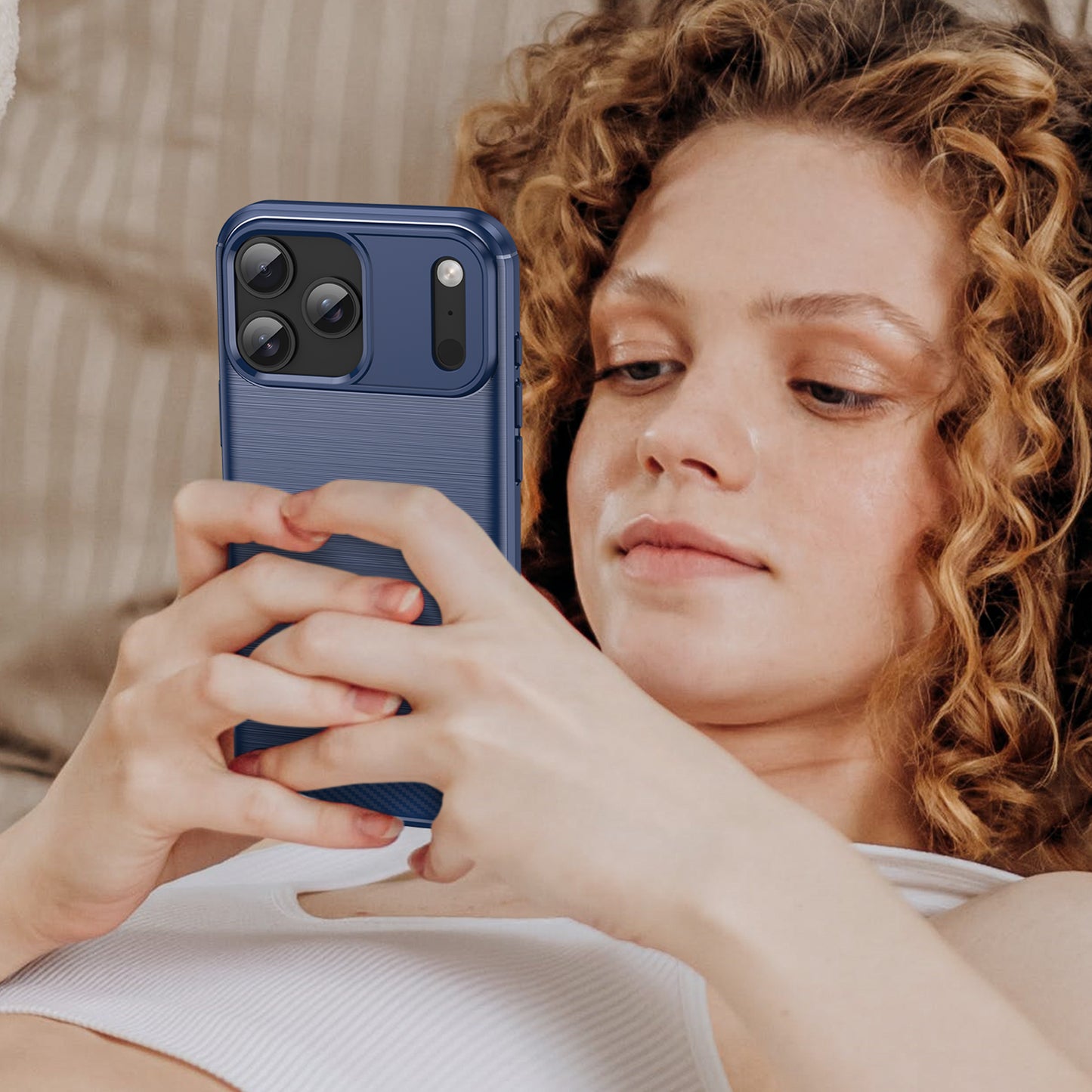 For iPhone 17 Pro Max Case with Tempered Glass WANLONFENG LS Series Brushed Texture TPU Phone Cover - Blue