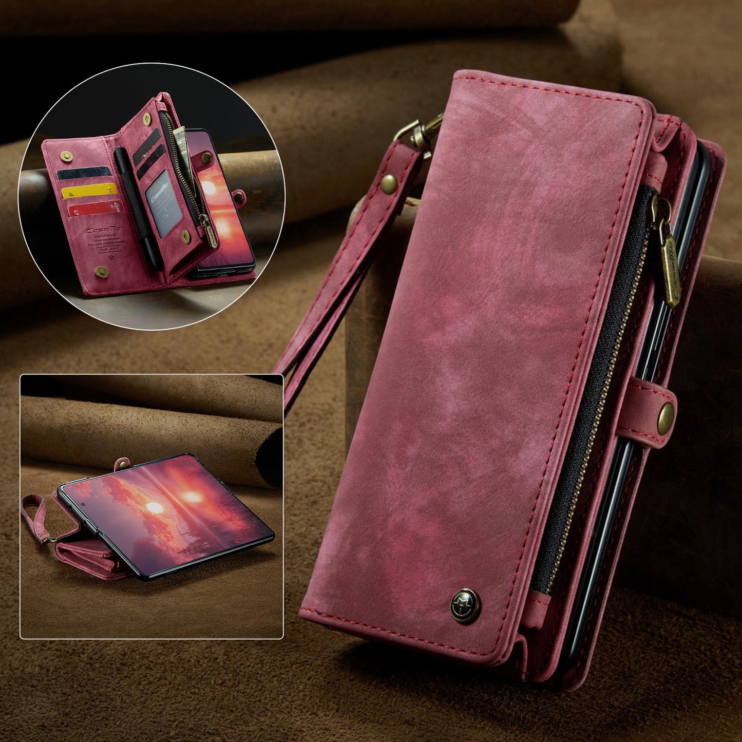 For Samsung Galaxy Z Fold7 5G Phone Cases CASEME 008 Leather Cover with Detachable Wallet and Strap - Red