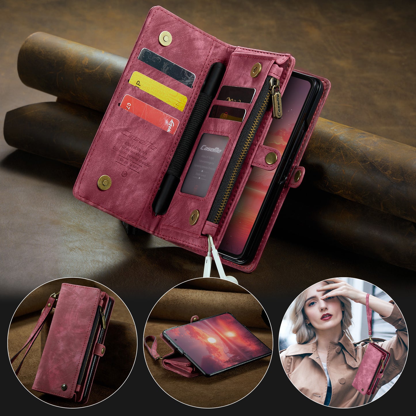 For Samsung Galaxy Z Fold7 5G Phone Cases CASEME 008 Leather Cover with Detachable Wallet and Strap - Red