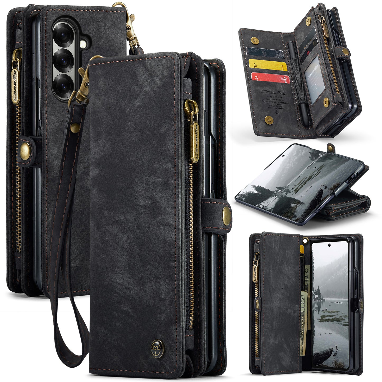 For Samsung Galaxy Z Fold7 5G Phone Cases CASEME 008 Leather Cover with Detachable Wallet and Strap - Black