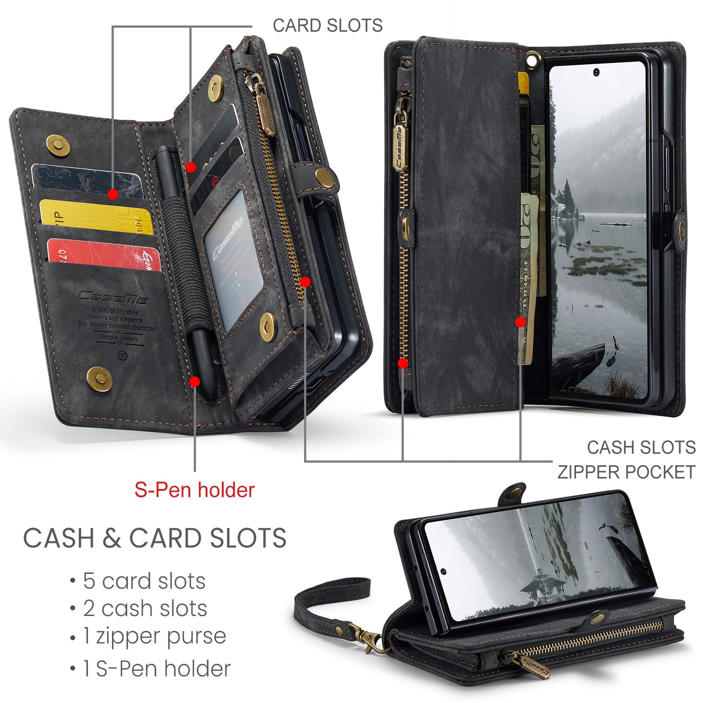 For Samsung Galaxy Z Fold7 5G Phone Cases CASEME 008 Leather Cover with Detachable Wallet and Strap - Black