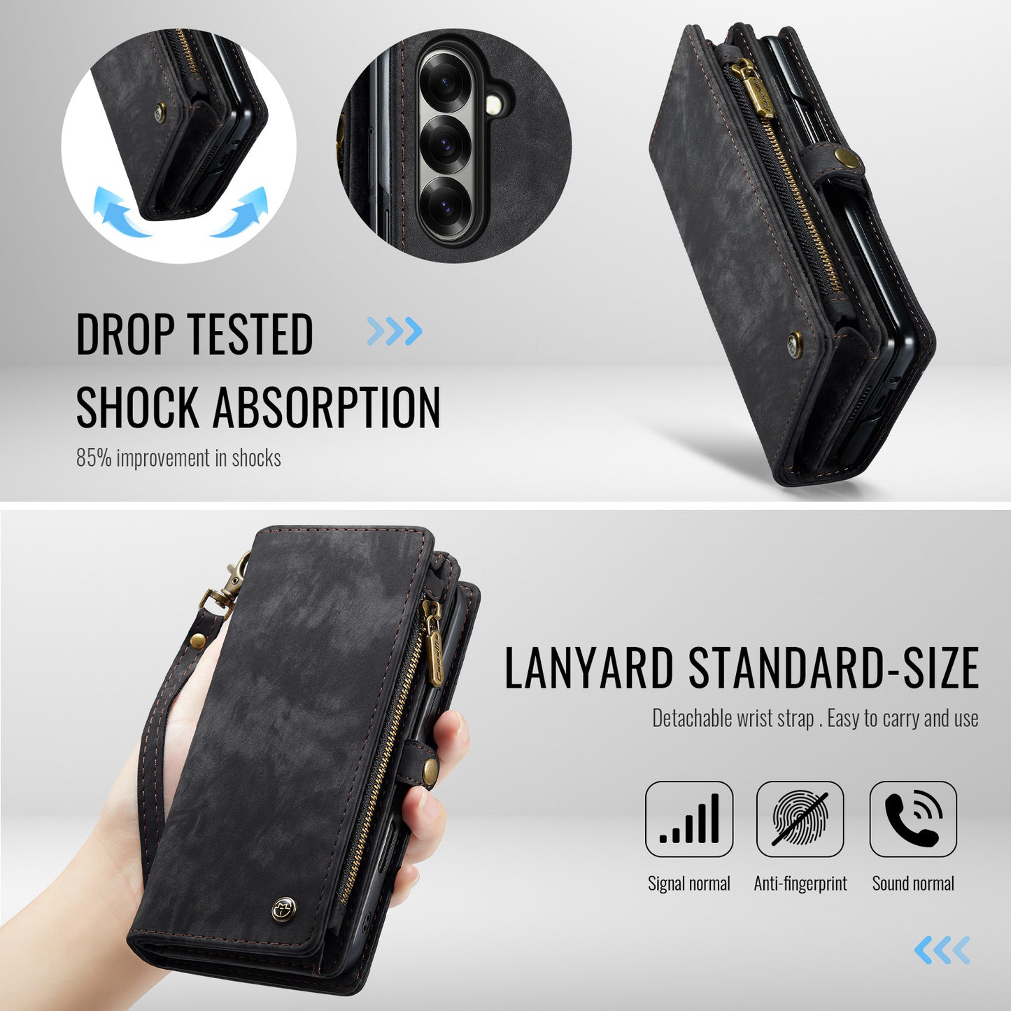 For Samsung Galaxy Z Fold7 5G Phone Cases CASEME 008 Leather Cover with Detachable Wallet and Strap - Black