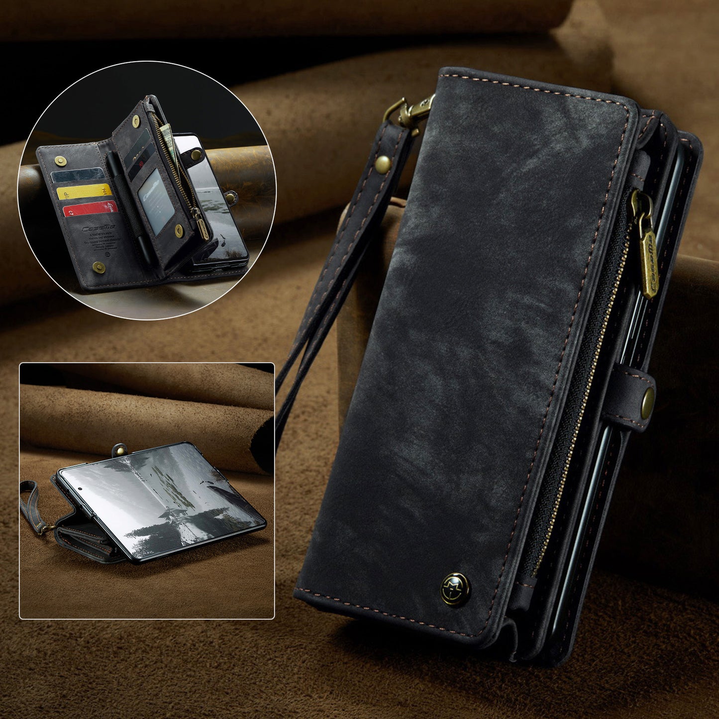 For Samsung Galaxy Z Fold7 5G Phone Cases CASEME 008 Leather Cover with Detachable Wallet and Strap - Black