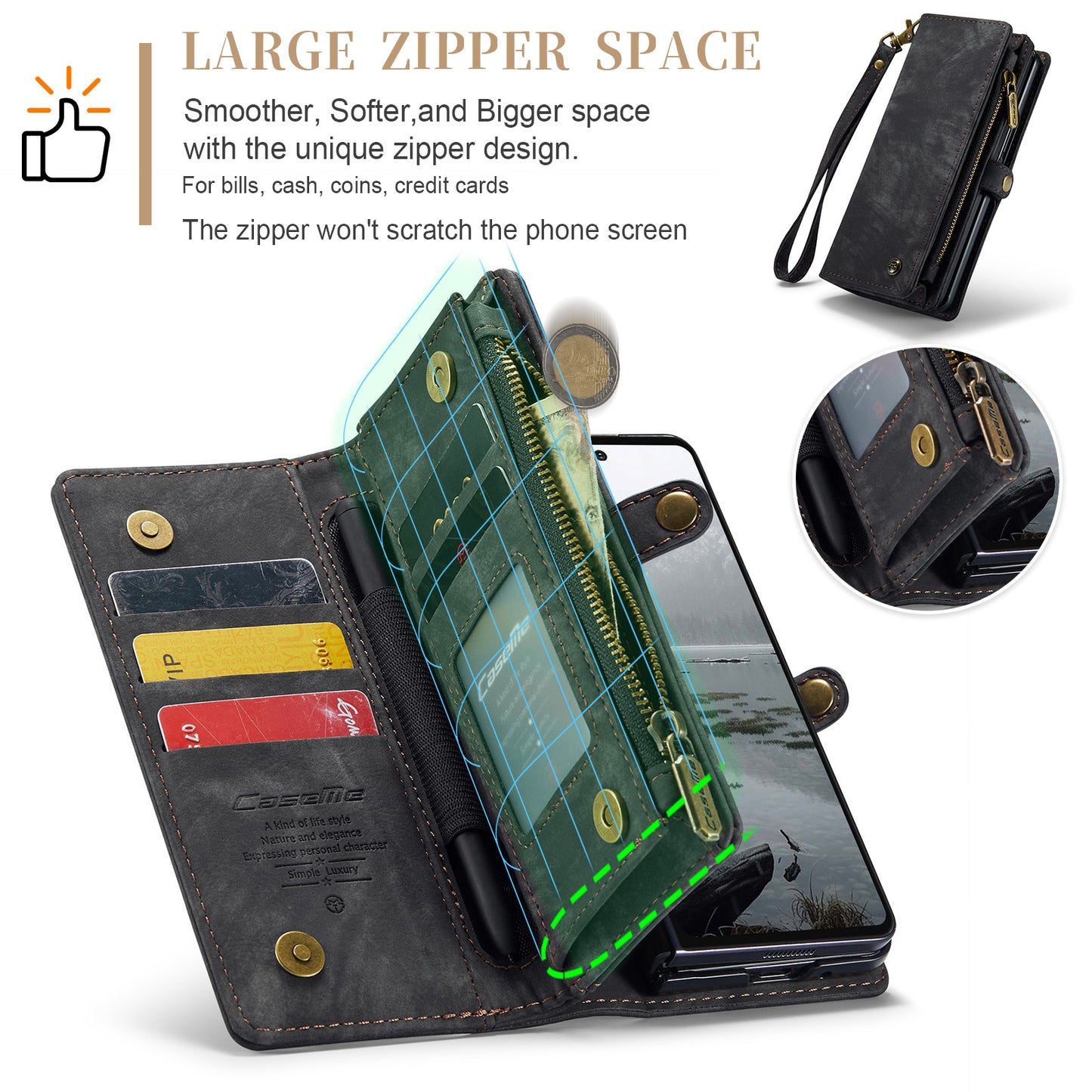 For Samsung Galaxy Z Fold7 5G Phone Cases CASEME 008 Leather Cover with Detachable Wallet and Strap - Black