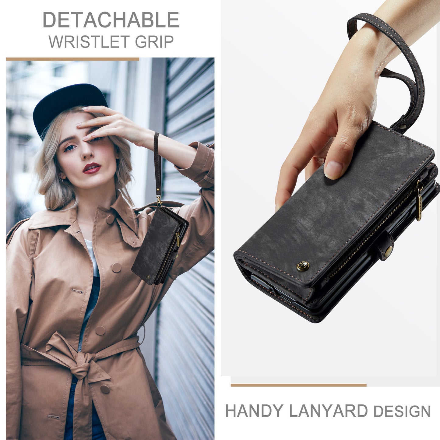 For Samsung Galaxy Z Fold7 5G Phone Cases CASEME 008 Leather Cover with Detachable Wallet and Strap - Black