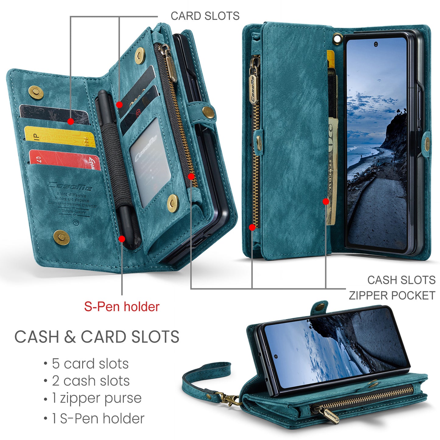 For Samsung Galaxy Z Fold7 5G Phone Cases CASEME 008 Leather Cover with Detachable Wallet and Strap - Blue