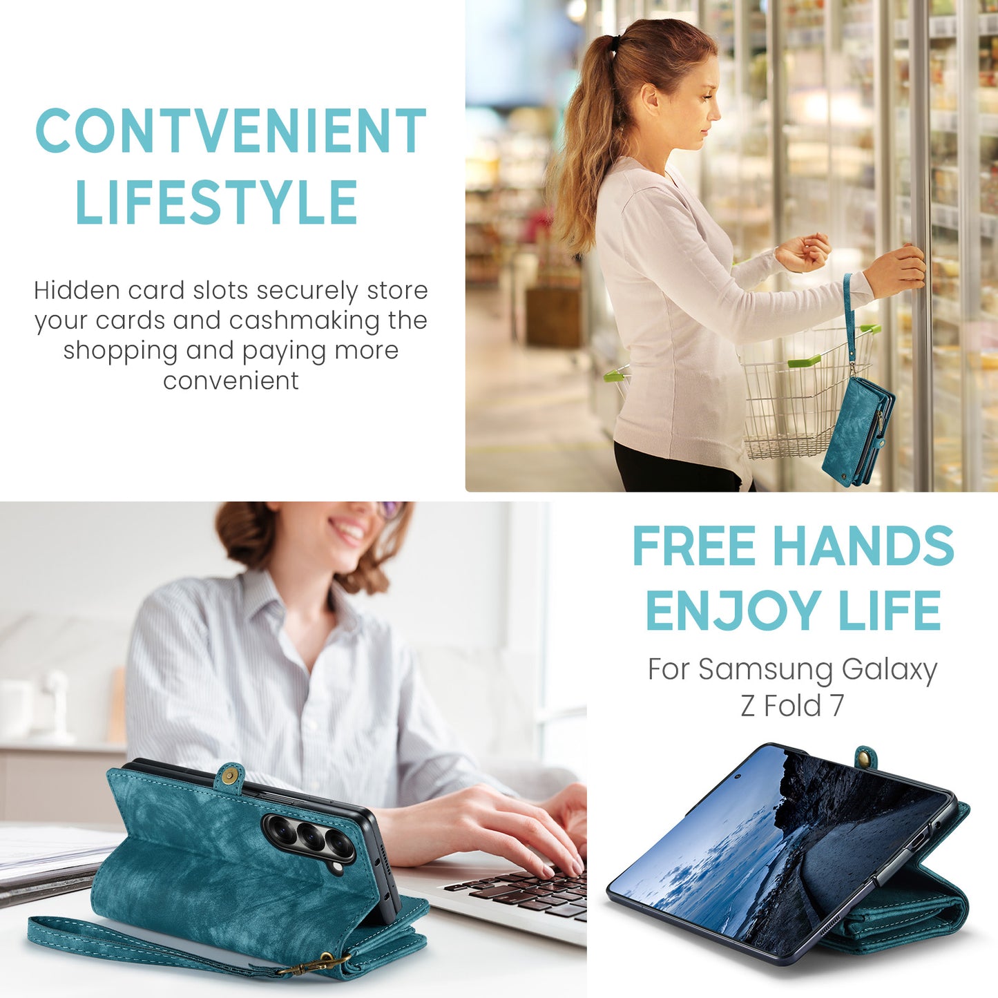 For Samsung Galaxy Z Fold7 5G Phone Cases CASEME 008 Leather Cover with Detachable Wallet and Strap - Blue