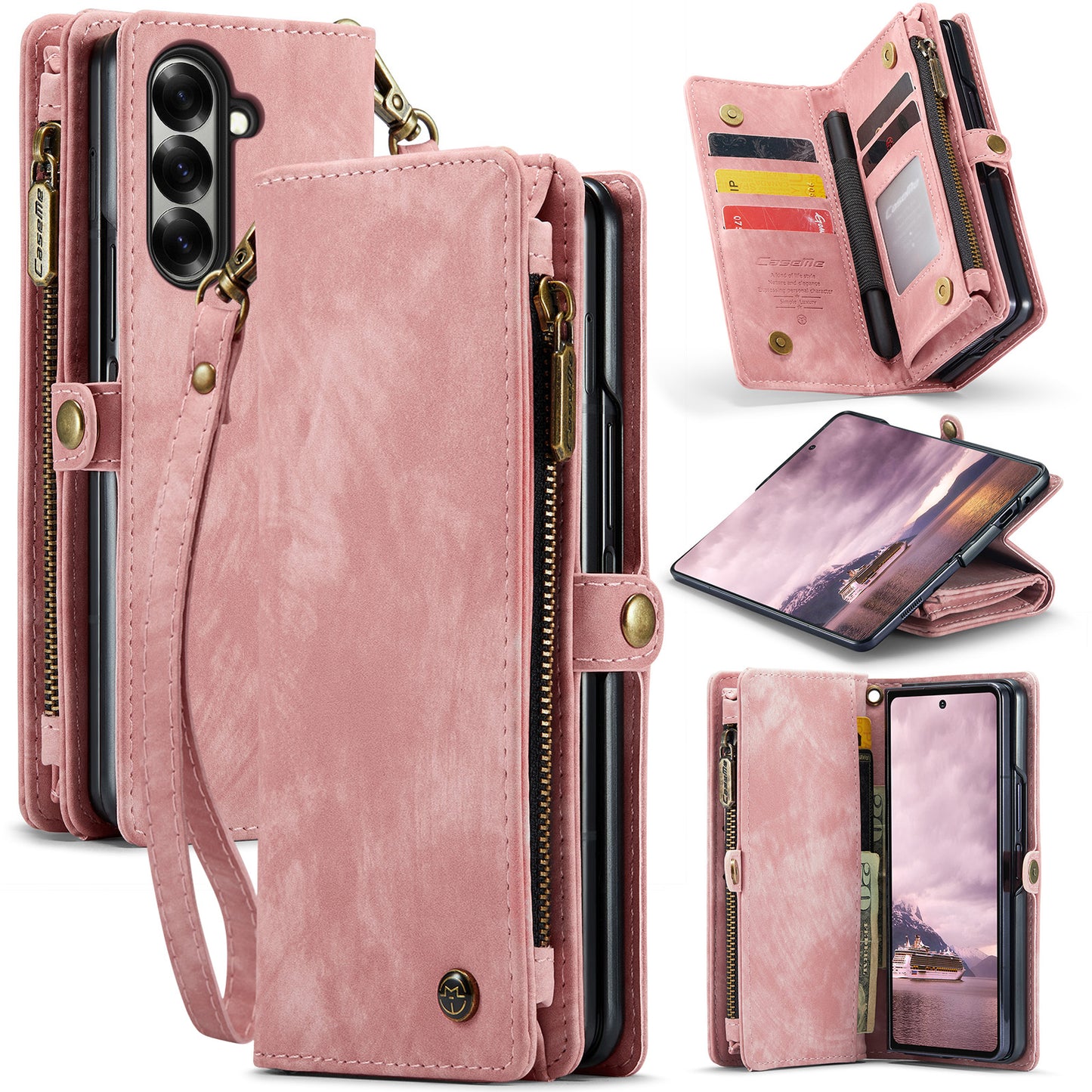 For Samsung Galaxy Z Fold7 5G Phone Cases CASEME 008 Leather Cover with Detachable Wallet and Strap - Pink