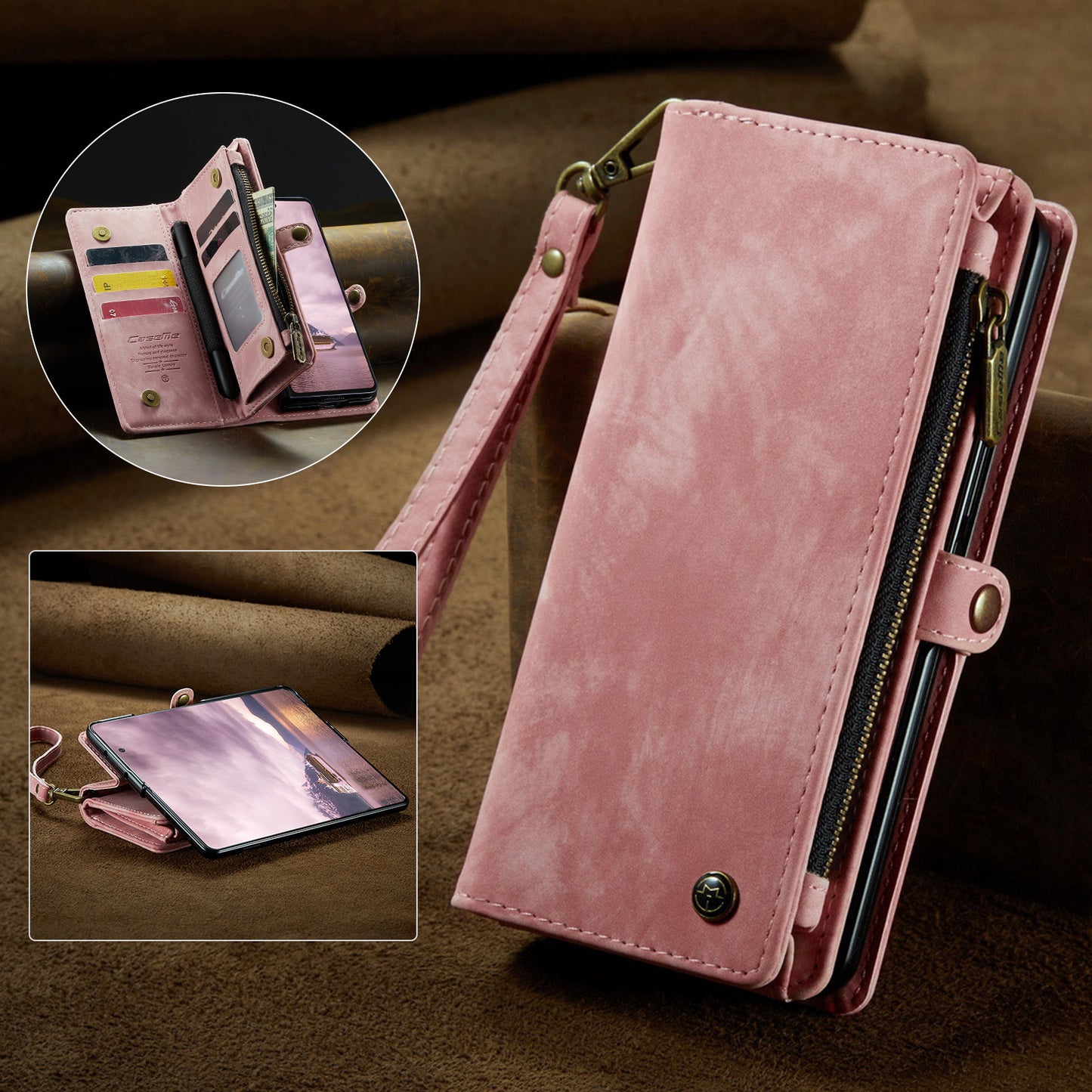 For Samsung Galaxy Z Fold7 5G Phone Cases CASEME 008 Leather Cover with Detachable Wallet and Strap - Pink