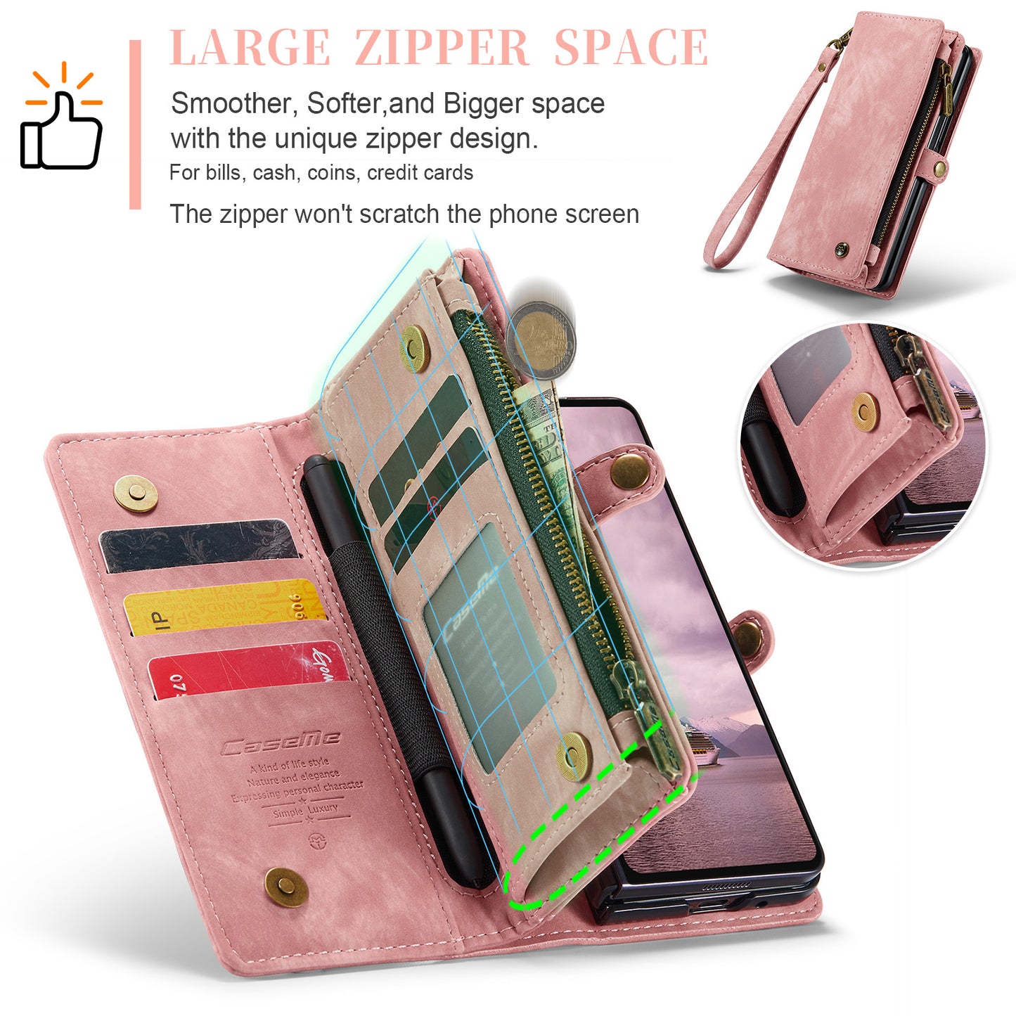 For Samsung Galaxy Z Fold7 5G Phone Cases CASEME 008 Leather Cover with Detachable Wallet and Strap - Pink