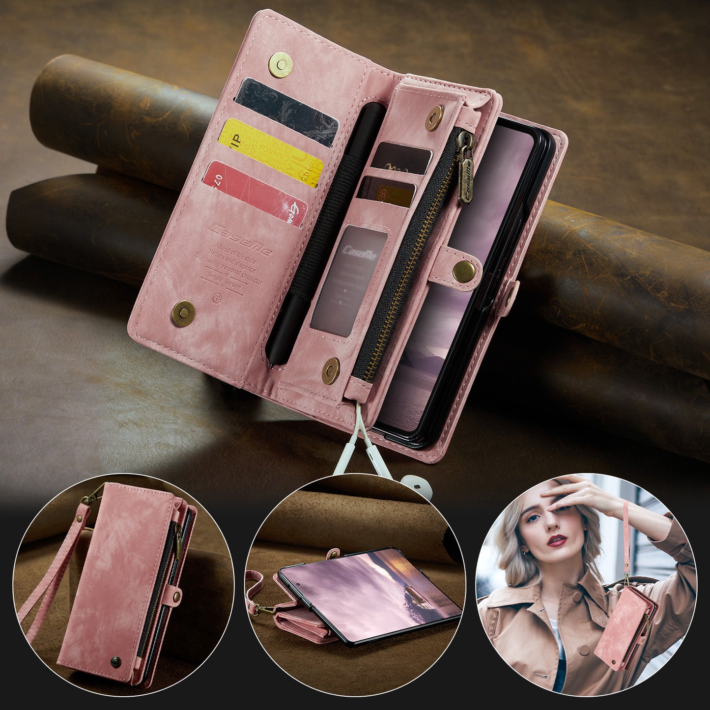 For Samsung Galaxy Z Fold7 5G Phone Cases CASEME 008 Leather Cover with Detachable Wallet and Strap - Pink