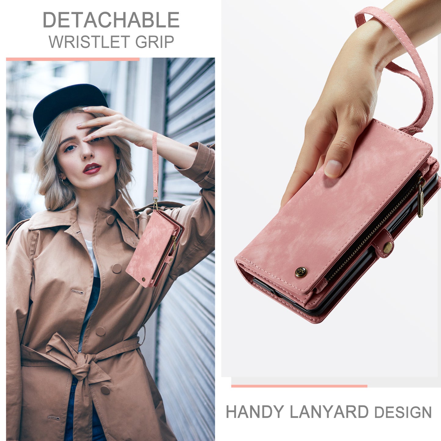 For Samsung Galaxy Z Fold7 5G Phone Cases CASEME 008 Leather Cover with Detachable Wallet and Strap - Pink