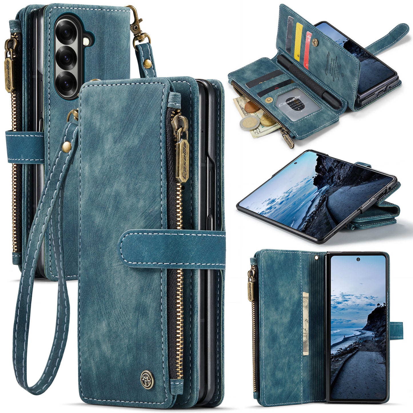 For Samsung Galaxy Z Fold7 5G Phone Cases with Strap CASEME C30 Zipper Multiple Card Holder PU Leather Cover - Blue
